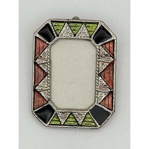 Vintage Frame Brooch Orange Black Green Enamel Silver Tone Metal